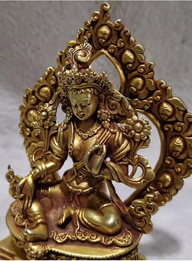 4寸绿度母尼泊尔纯铜鎏金佛像