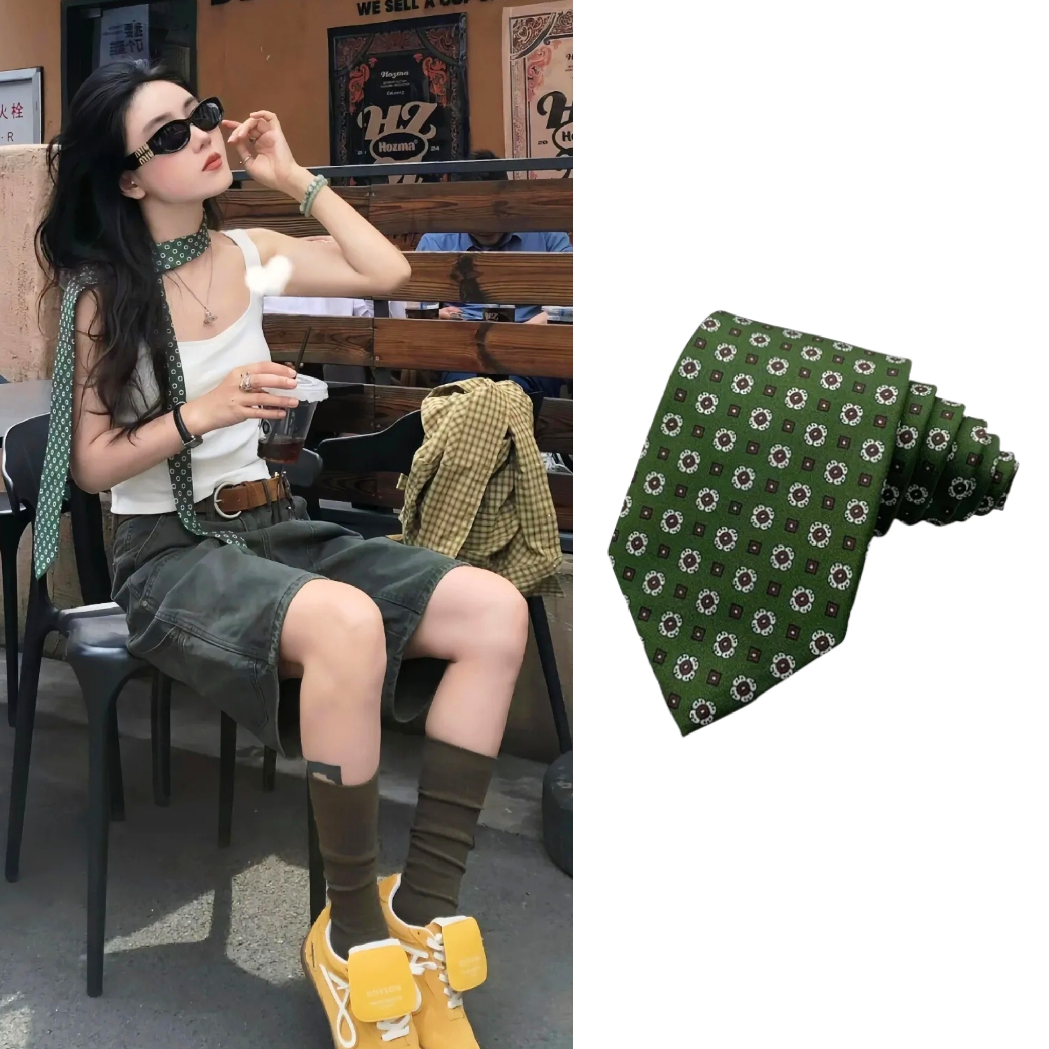 围觅复古知识分子风绿色小花时尚领带窄版女休闲百搭装饰,淘宝优惠券,粉丝福利购,淘宝优惠卷