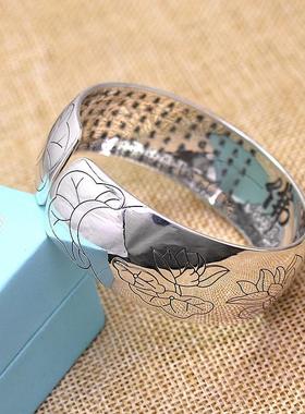 999纯银莲花心经手镯女开口宽面白银镯子佛经复古经文送妈妈礼物