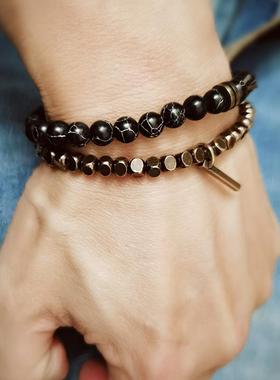 实心纯黄铜手链男做旧方珠