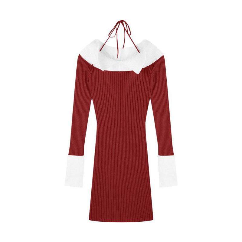 秋冬新款红色圣诞氛围感性感包臀裙子女一字肩针织毛衣连衣裙女装,淘宝优惠券,粉丝福利购,淘宝优惠卷