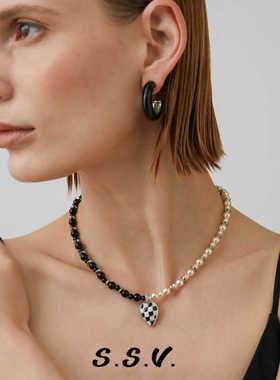 ssv珐琅爱心棋盘格项链