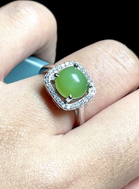 新款和田玉碧玉方糖开口戒 纯银镶满钻设计款戒托 活口易调节手饰