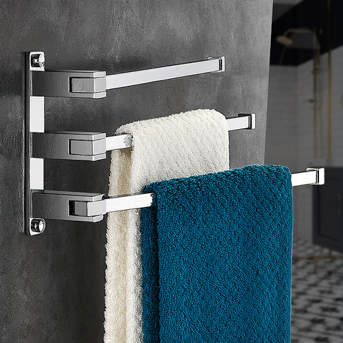 旋转毛巾架全铜卫生间壁挂式轻奢活动免打孔毛巾杆浴室三层毛巾挂 - 图0