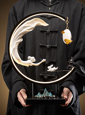 新中式禅意灯圈嫦娥奔月摆件创意倒流香炉家居客厅玄关电视柜装饰