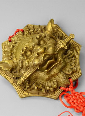 古韵斋 黄铜狮咬剑黄铜狮子兽头睚眦挂件门饰家居虎头牌摆件