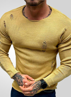 2025春夏新款欧美男士毛衫薄款破洞套头针织打底衫Men's knitwear