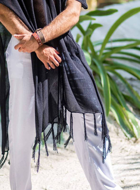 2025夏季男士设计感流苏边沙滩度假上衣套头罩衫风衣Men's shirt