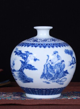 景德镇陶瓷花瓶 青花缠枝莲 古典人物石榴瓶陶瓷工艺品家居摆