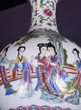 新中式陶瓷粉彩古典美女仕女图客厅创意花瓶摆件插花工艺装饰品
