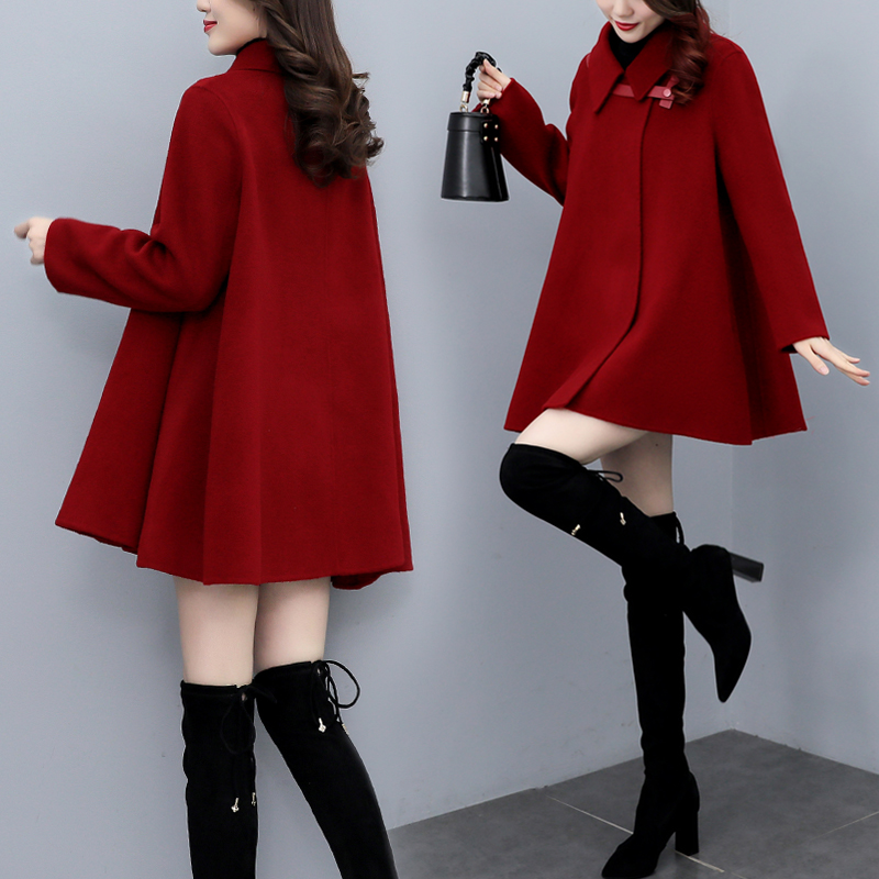 红色斗篷毛呢外套女2023年秋装新款大码女装宽松显瘦双面羊绒大衣