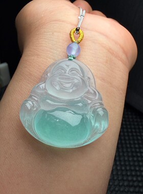 缅甸翡翠佛公吊坠冰种飘绿色飘花弥勒佛玉坠女款项链玉佛挂件挂饰