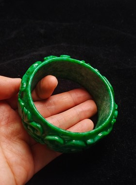 缅甸翡翠干青雕花手镯祖母绿福寿如意臂镯帝王绿手环如意玉镯