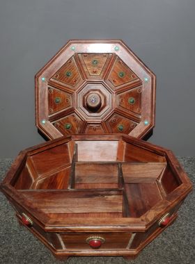 旧藏花梨木镶嵌宝石八角果盒干果水果收纳盒实木盒