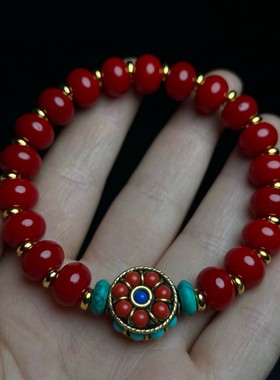 古玩旧藏花梨木镶嵌骨片首饰盒内珍藏仿珊瑚手串手链送礼佳品