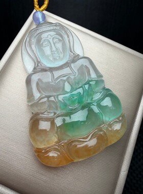 高冰种翡翠观音吊坠男士缅甸老坑阳绿飘花菩萨玉石项链挂件