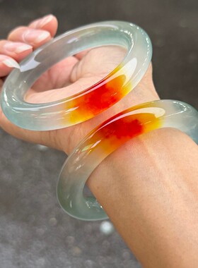 高冰翡翠色玉一口糖手镯女款橘红黄翡圆条玉镯子珠宝玉器小圈口