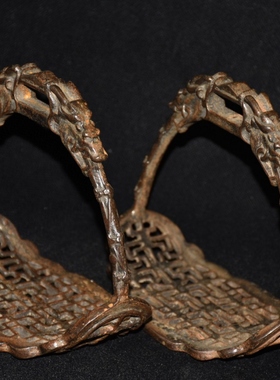 古玩纯铜老物件马镫铁马蹬一对景泰蓝马具马术用品一套旧货摆件