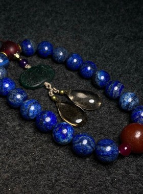 古玩旧藏花梨木镶嵌玉石收藏盒内珍藏青金石十八子手持一套