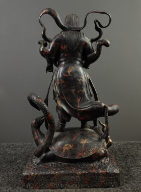 古玩黄铜泥金朱砂绘骑龙龟蛇玄武大帝祖师站像摆件居家堂用品文玩