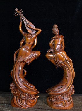 古玩珍藏黄杨木木雕飞天美女摆件家居装饰品办公室桌面