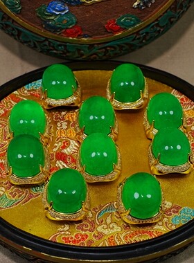 古玩纯铜鎏金镶嵌老翠玉戒指男女款复古做旧翡翠戒指饰品