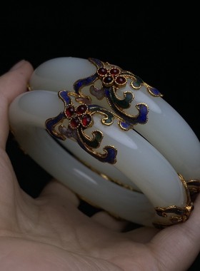 老料白玉手镯手工鎏金包金白玉开口手环情侣时尚手饰套装古玩收藏