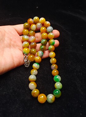 正品缅甸冰种翡翠圆珠项链女老坑黄翡飘花老玉石颈饰锁骨链百搭链