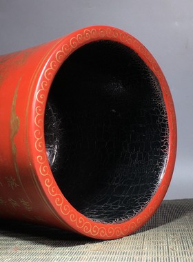 老漆器笔筒老纸胎大漆笔筒书房摆件手工彩绘文具收纳文房四宝古玩