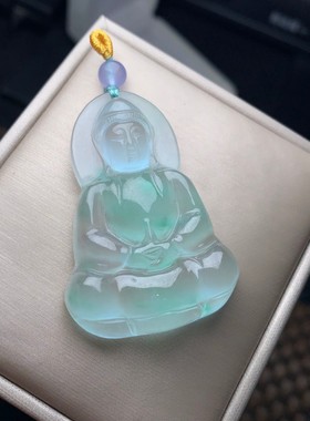 老坑翡翠冰种晴水蓝大观音银镶嵌观音吊坠女高冰吊坠项链