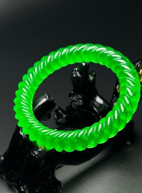 高端缅甸翡翠手镯满绿手环转运麻花扭丝处理玉石饰品帝王绿玉镯子