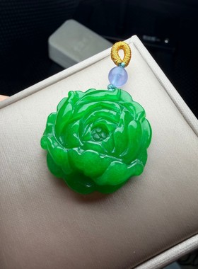缅甸冰糯种满绿老翡翠牡丹花吊坠手工精雕男女百搭老翠玉挂件