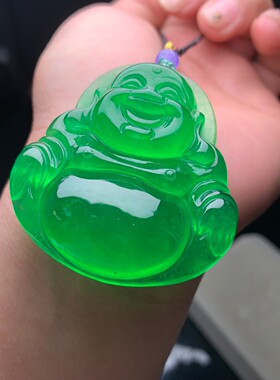 翠玉冰种满绿佛公玉石吊坠弥勒佛挂件正品男女款无瑕疵