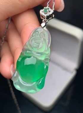 春彩翡翠冰种翠绿色站佛佛公玉佛大肚佛男女同款吊坠送礼佳品