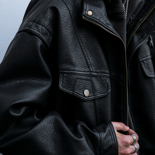 Loose leather jacket with motorcycle trendy American retro stand collar