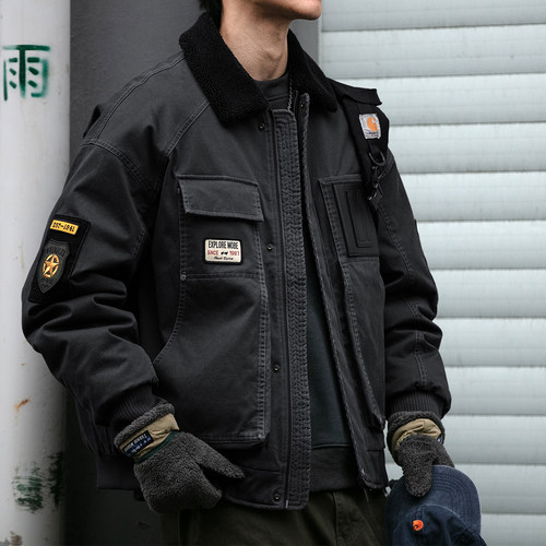 美式复古巴恩风羊羔毛领MA1空军飞行夹克外套工装羽绒服90绒保暖 - 图1