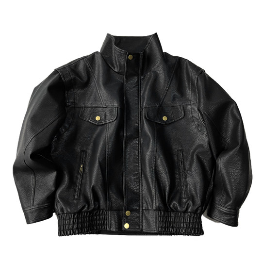 Loose leather jacket with motorcycle trendy American retro stand collar