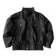 Loose leather jacket with motorcycle trendy American retro stand collar