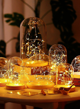 永生花玻璃罩桌面摆件居家装饰人偶手办盲盒防尘带灯发光底座