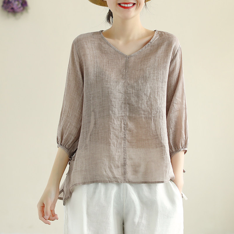 v领套头七分袖棉麻薄款透气t恤衫 花概念T恤