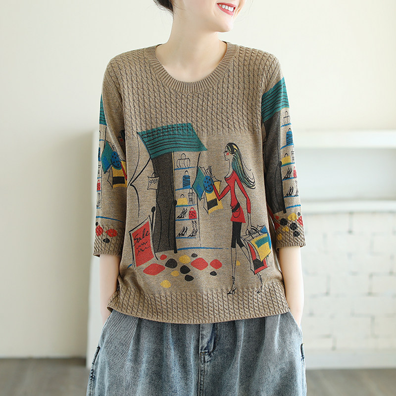 螺纹圆领棉线七分袖针织衫春季t恤 花概念毛针织衫