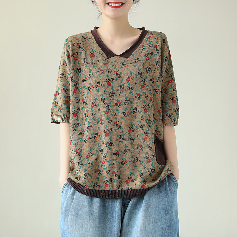 花概念五分中袖针织衫夏季宽松t恤 花概念T恤