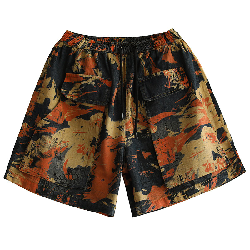 原创韩版宽松迷彩印花牛仔夏季短裤 花概念牛仔裤