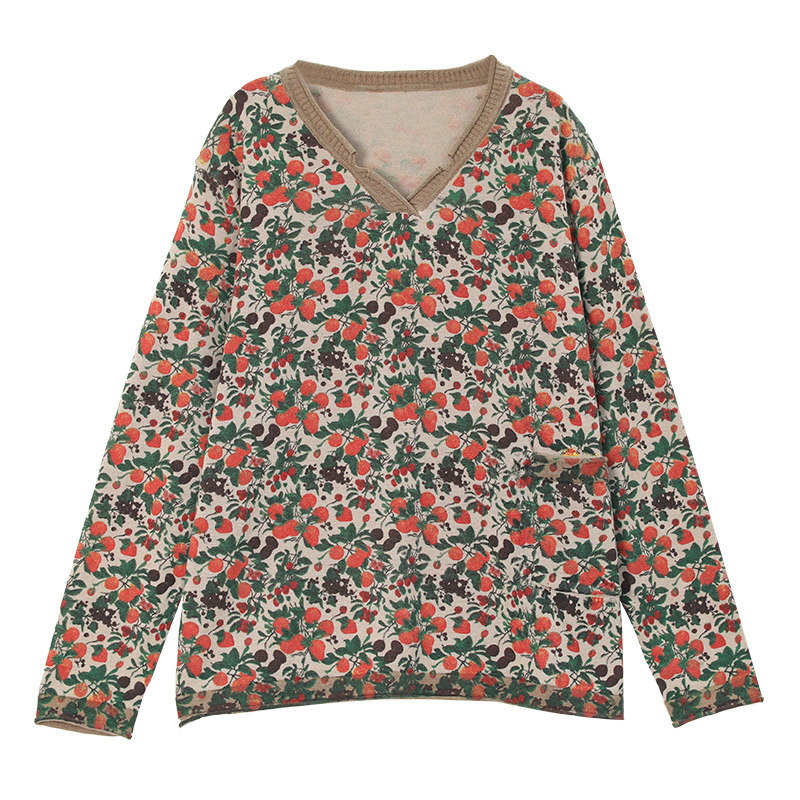 半开v领拼色棉线针织秋季t恤衫 花概念毛针织衫