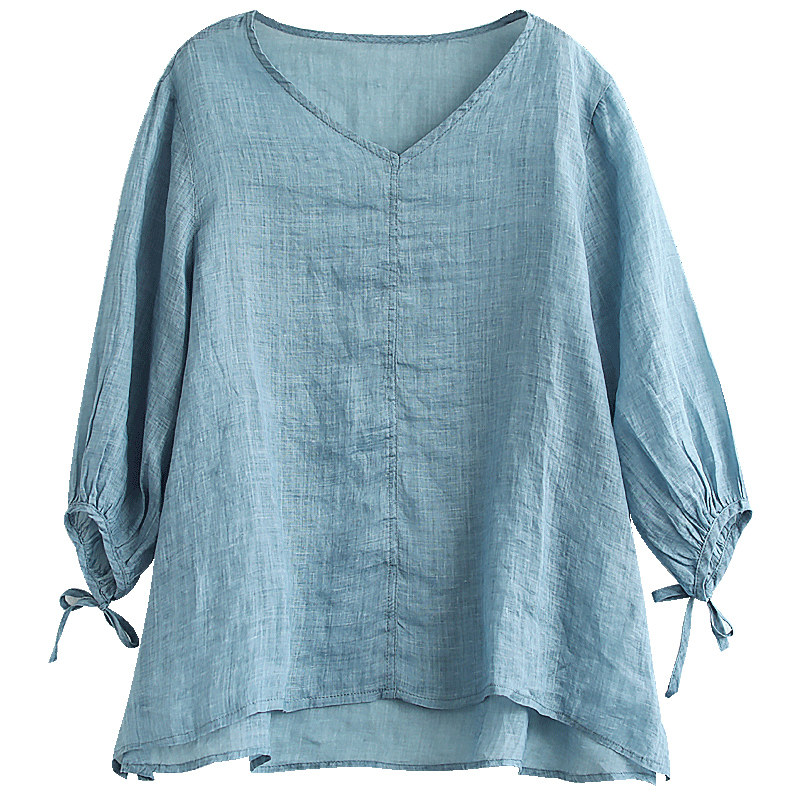 v领套头七分袖棉麻薄款透气t恤衫 花概念T恤