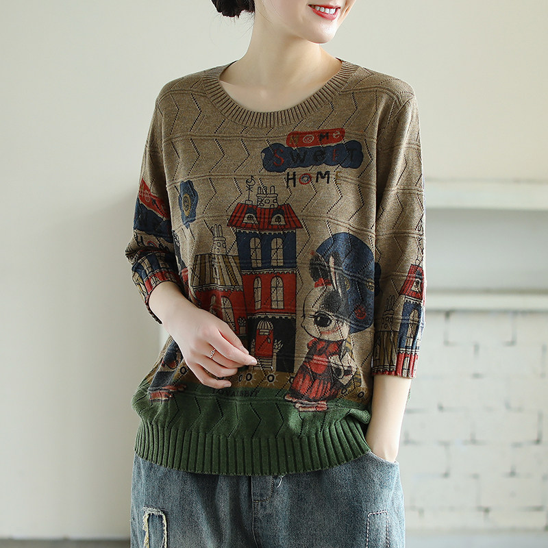 镂空明线圆领棉线七分袖针织衫t恤 花概念T恤