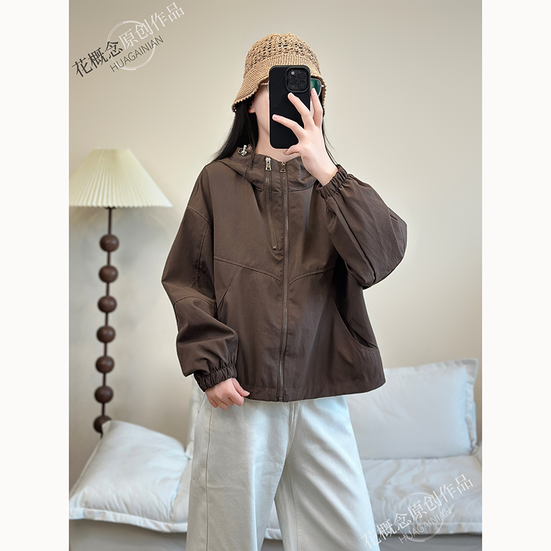 花概念百搭连帽抽绳外套女韩系早秋款宽松拉链口袋运动风休闲上衣,淘宝优惠券,粉丝福利购,淘宝优惠卷