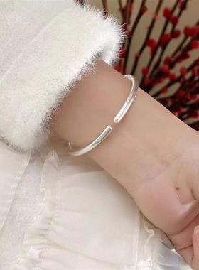 足银999古法樱花手镯女实心开口浮雕素圈手环清新年轻款国风礼物