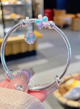 足银999手镯儿童实心手环四叶草彩绘蝴蝶结吊坠纯银镯子生日礼物