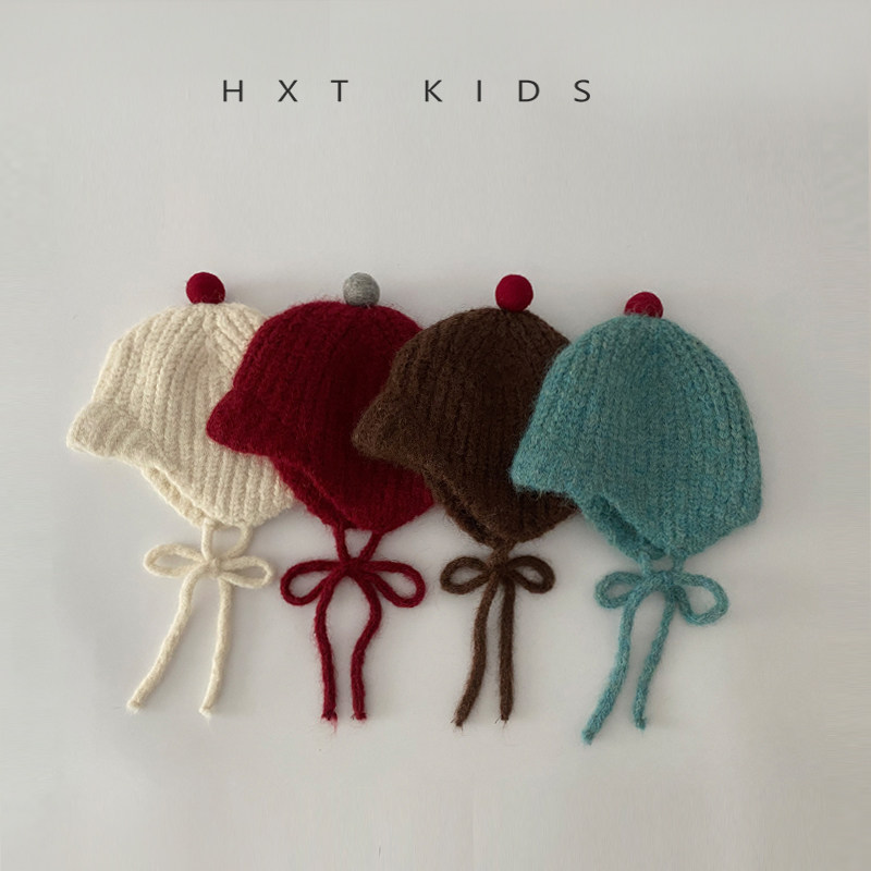 儿童护耳帽秋冬小毛球撞色系带针织帽韩国潮童宝宝冬天保暖帽子酷,淘宝优惠券,粉丝福利购,淘宝优惠卷